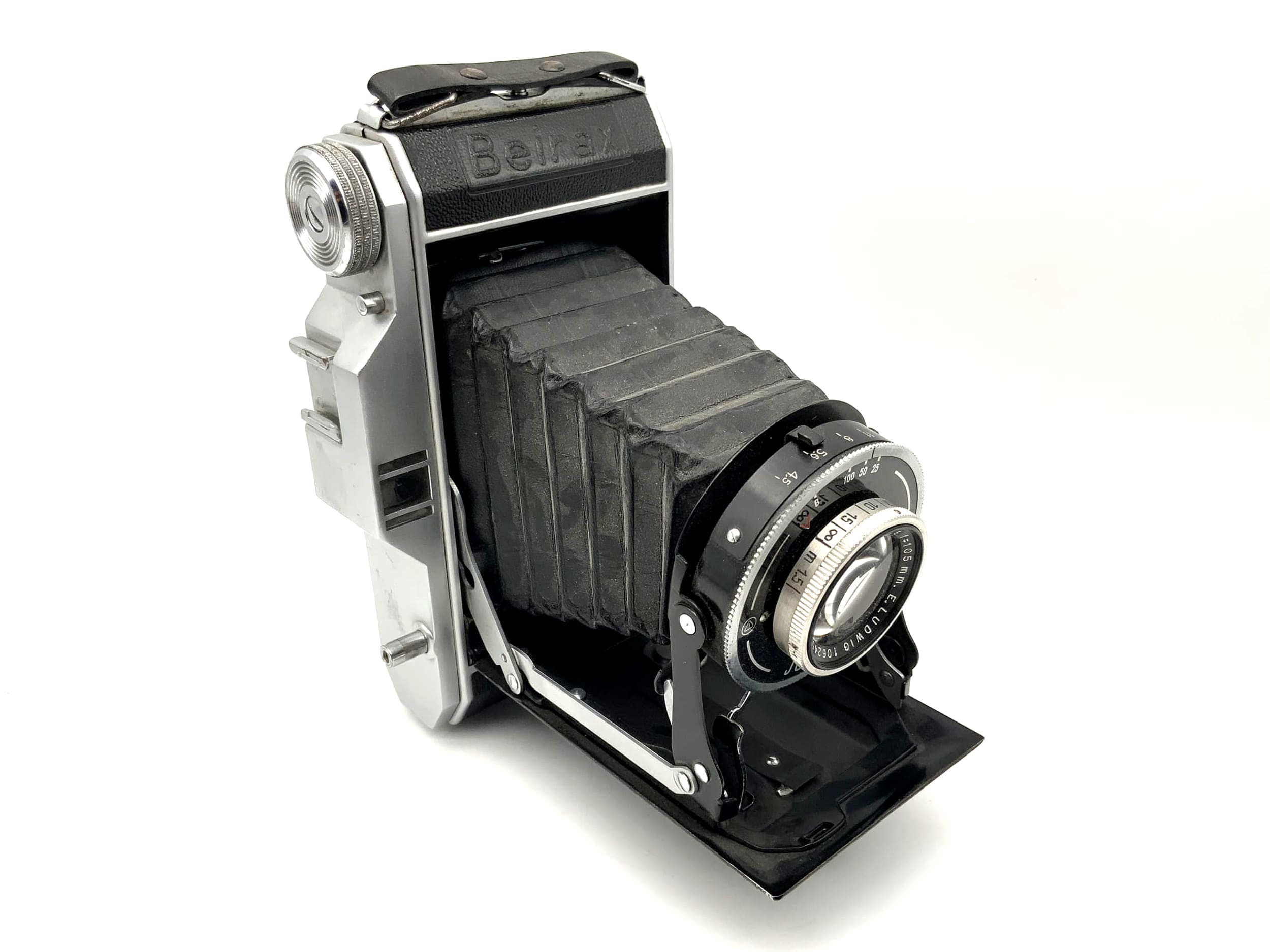Appareil photo pliable Beier Beirax avec objectif E.Ludwig Meritar 1:4,5 f = 105 mm Junior