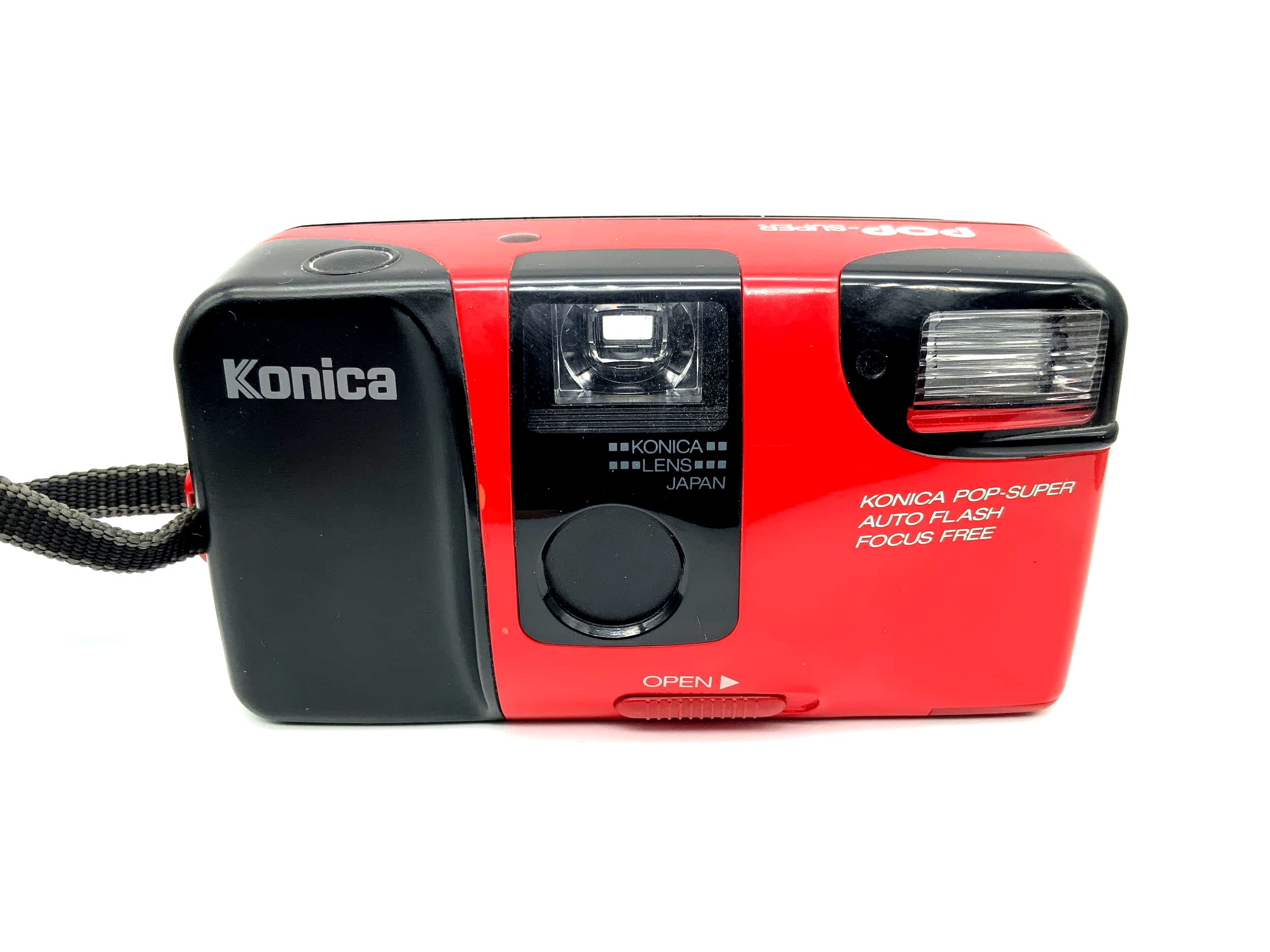 Appareil photo analogique Konica Pop-Super Point&amp;Shoot rouge avec mise au point automatique et flash gratuit 35 mm